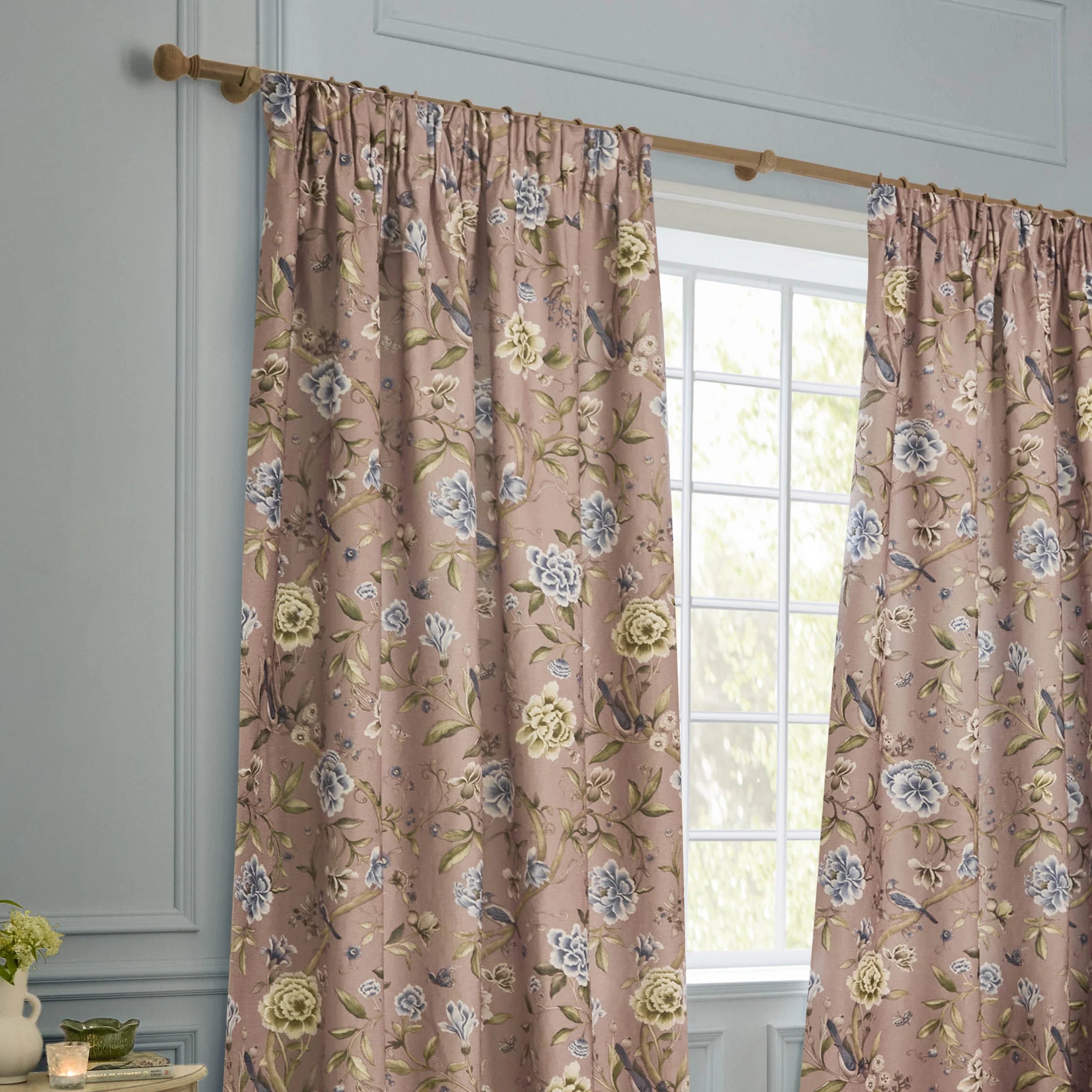 Porcelain Garden Printed Chenille Pencil Pleat Curtains - Blush