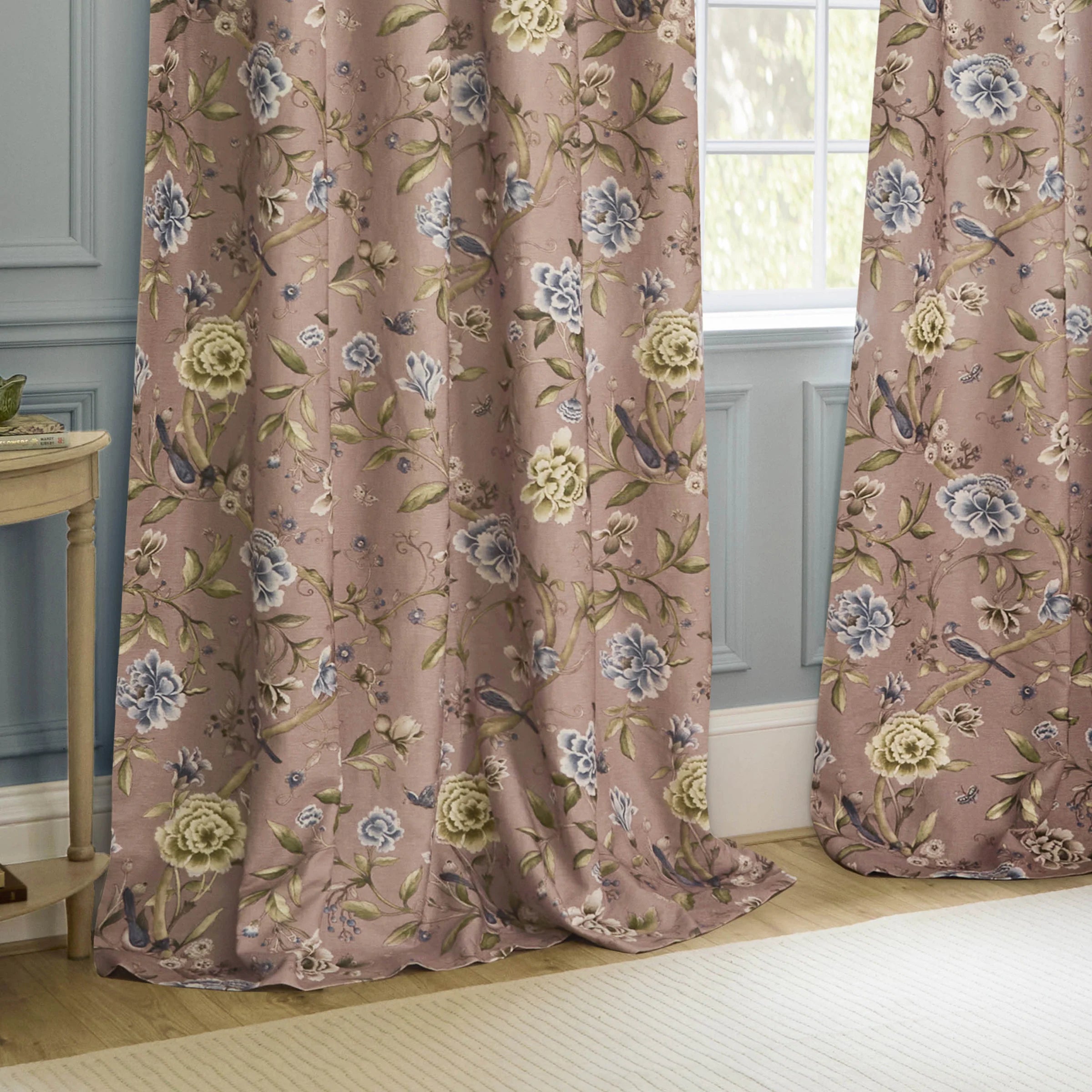 Porcelain Garden Printed Chenille Pencil Pleat Curtains - Blush