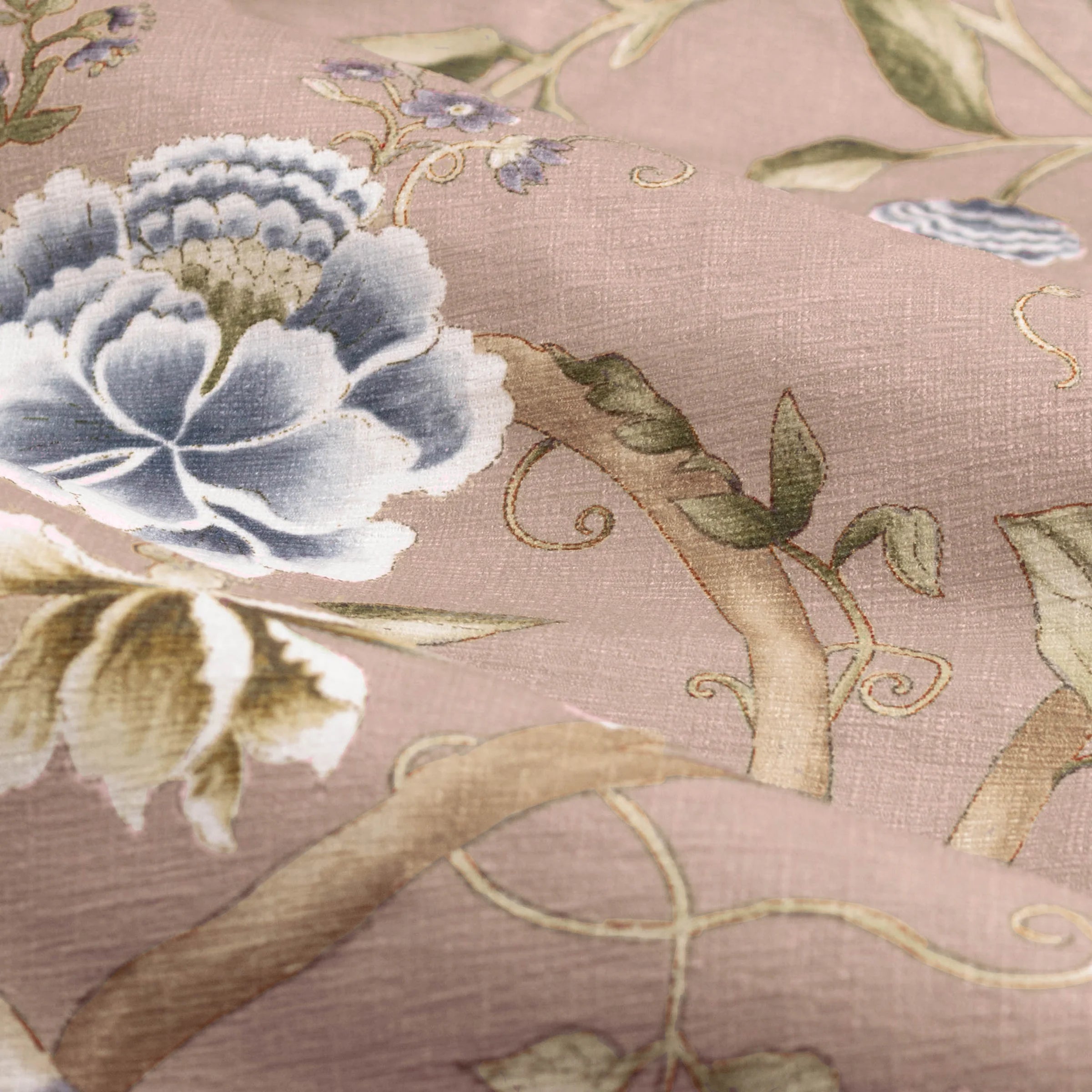 Porcelain Garden Printed Chenille Pencil Pleat Curtains - Blush