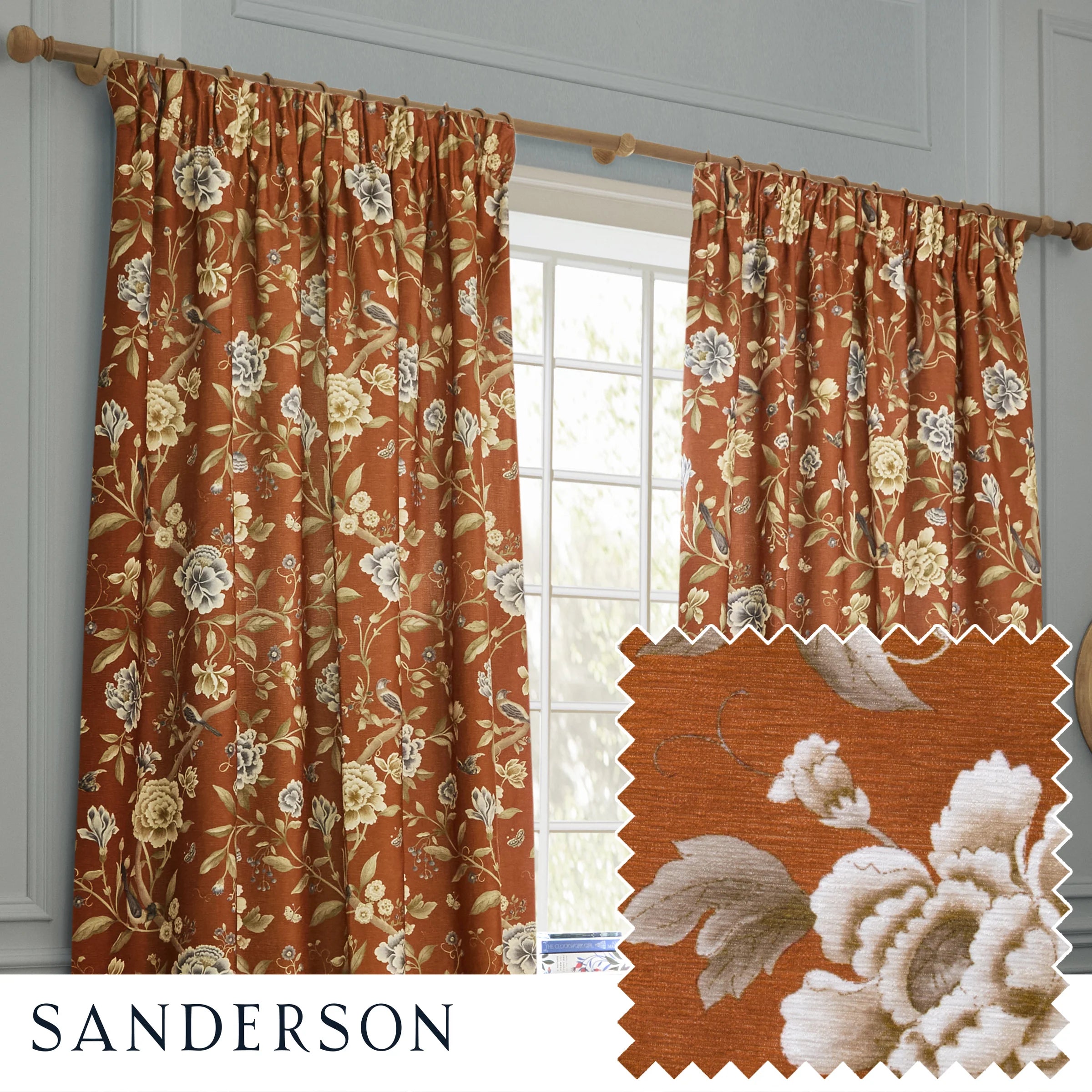 Porcelain Garden Printed Chenille Pencil Pleat Curtains - Rust