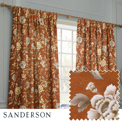 Porcelain Garden Printed Chenille Pencil Pleat Curtains - Rust