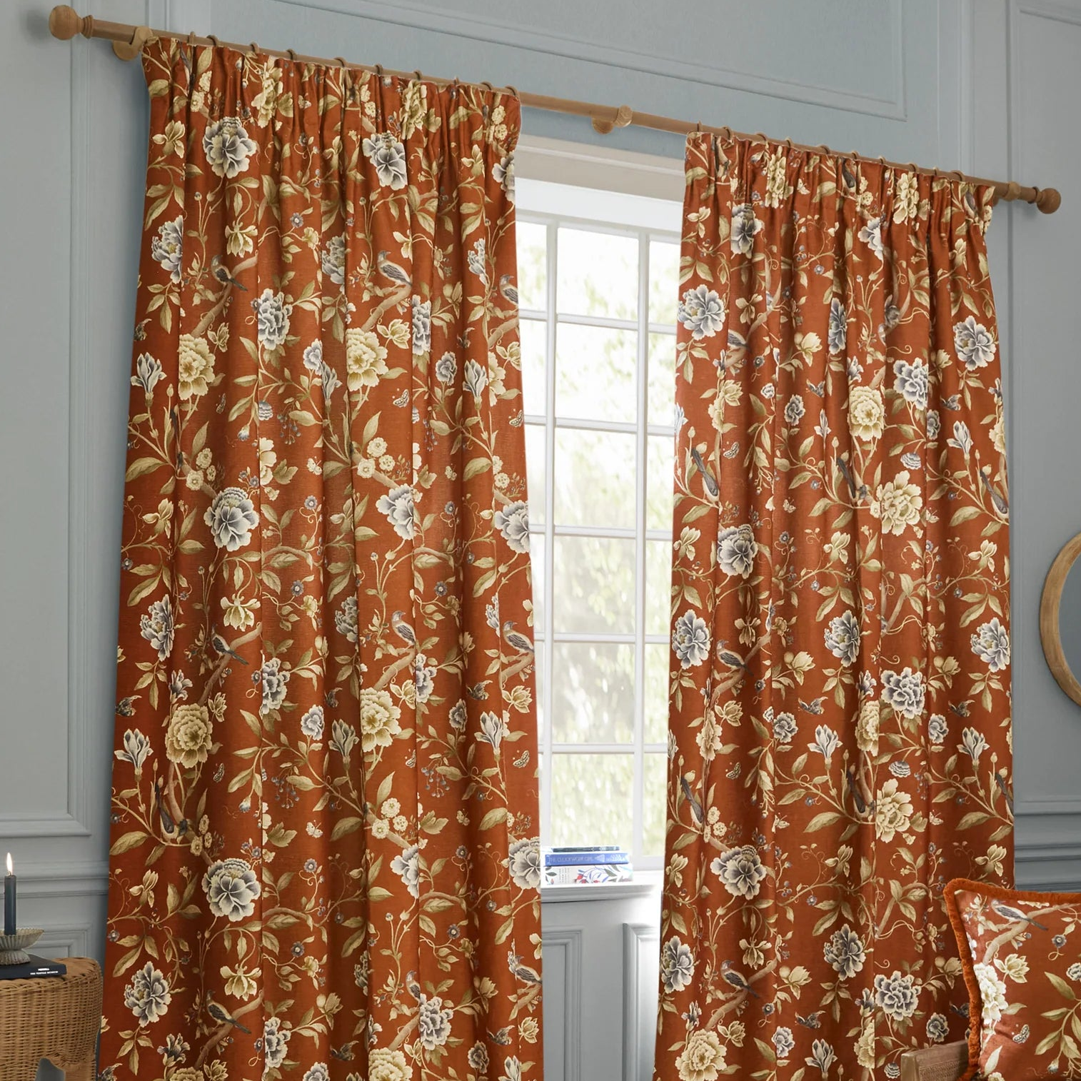 Porcelain Garden Printed Chenille Pencil Pleat Curtains - Rust