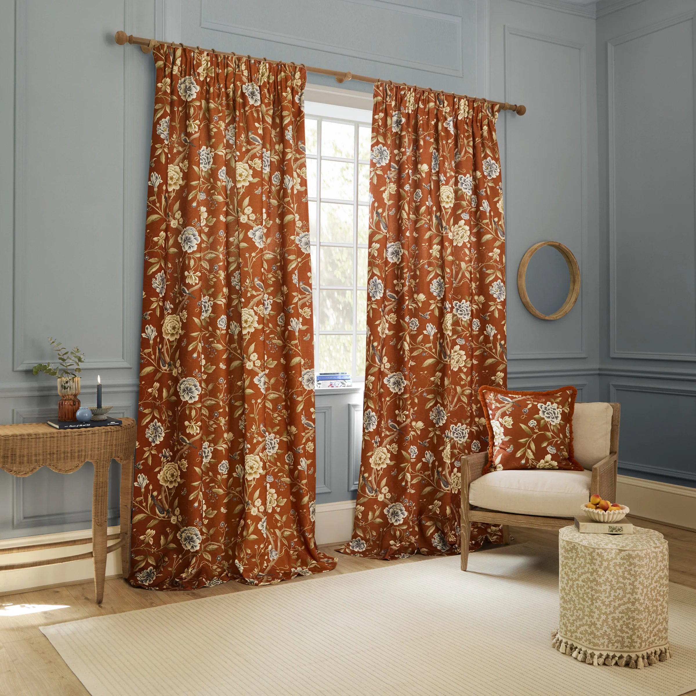 Porcelain Garden Printed Chenille Pencil Pleat Curtains - Rust