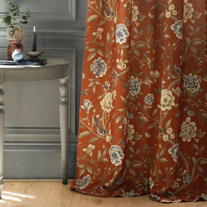 Porcelain Garden Printed Chenille Pencil Pleat Curtains - Rust