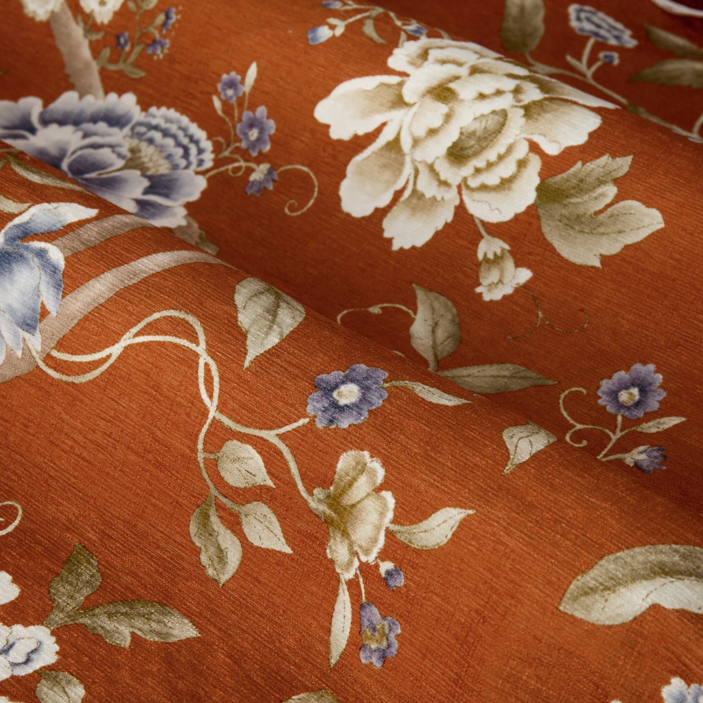Porcelain Garden Printed Chenille Pencil Pleat Curtains - Rust