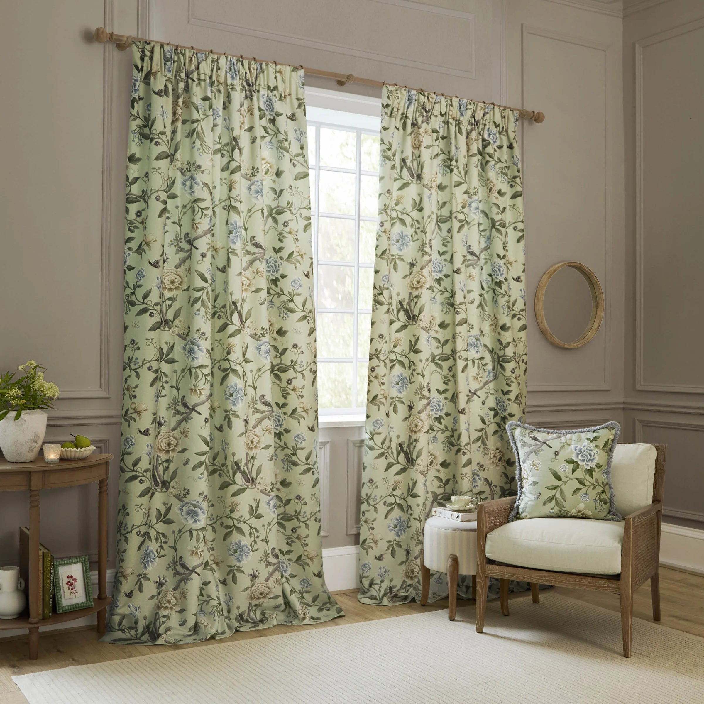 Porcelain Garden Printed Chenille Pencil Pleat Curtains - Sage