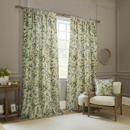 Porcelain Garden Printed Chenille Pencil Pleat Curtains - Sage