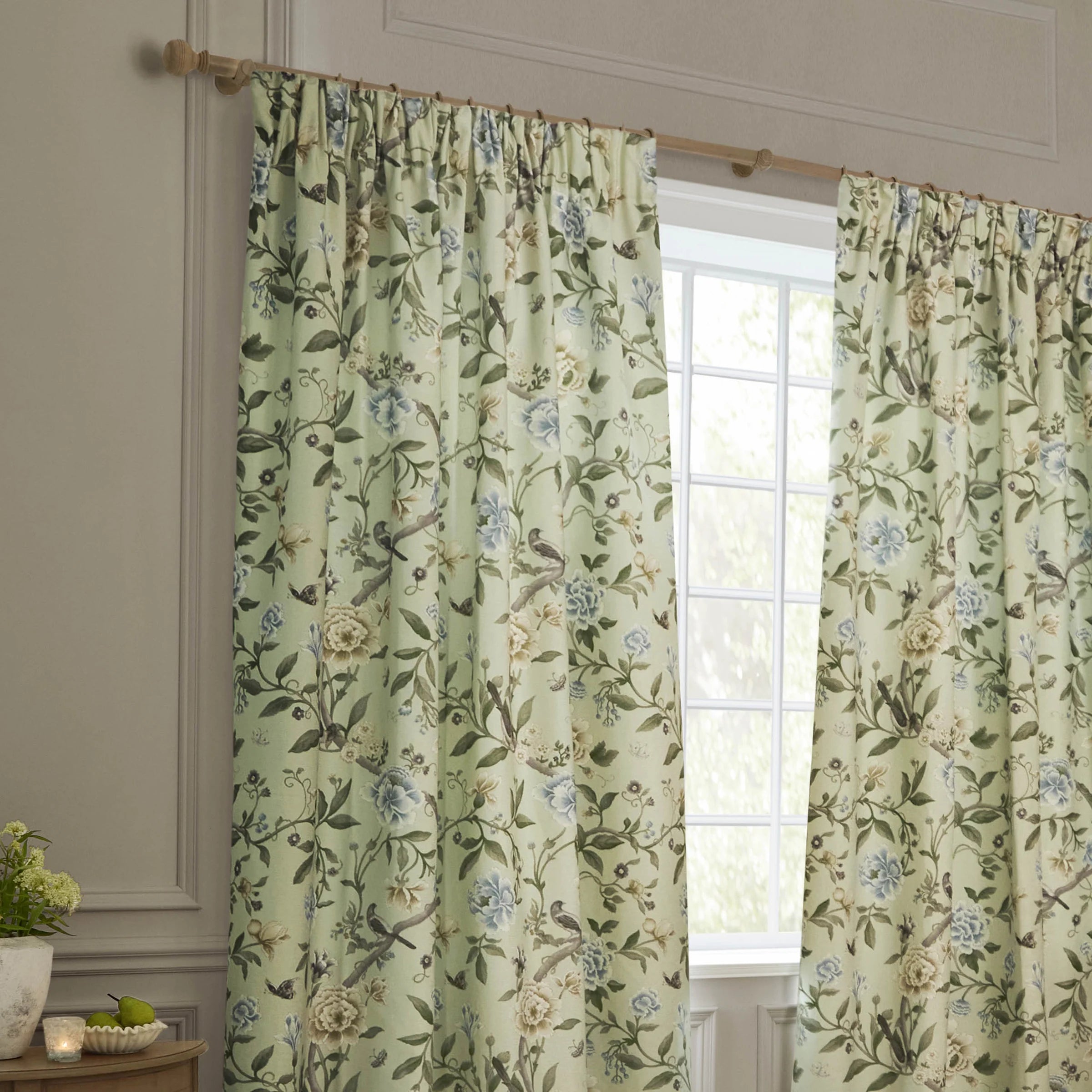 Porcelain Garden Printed Chenille Pencil Pleat Curtains - Sage