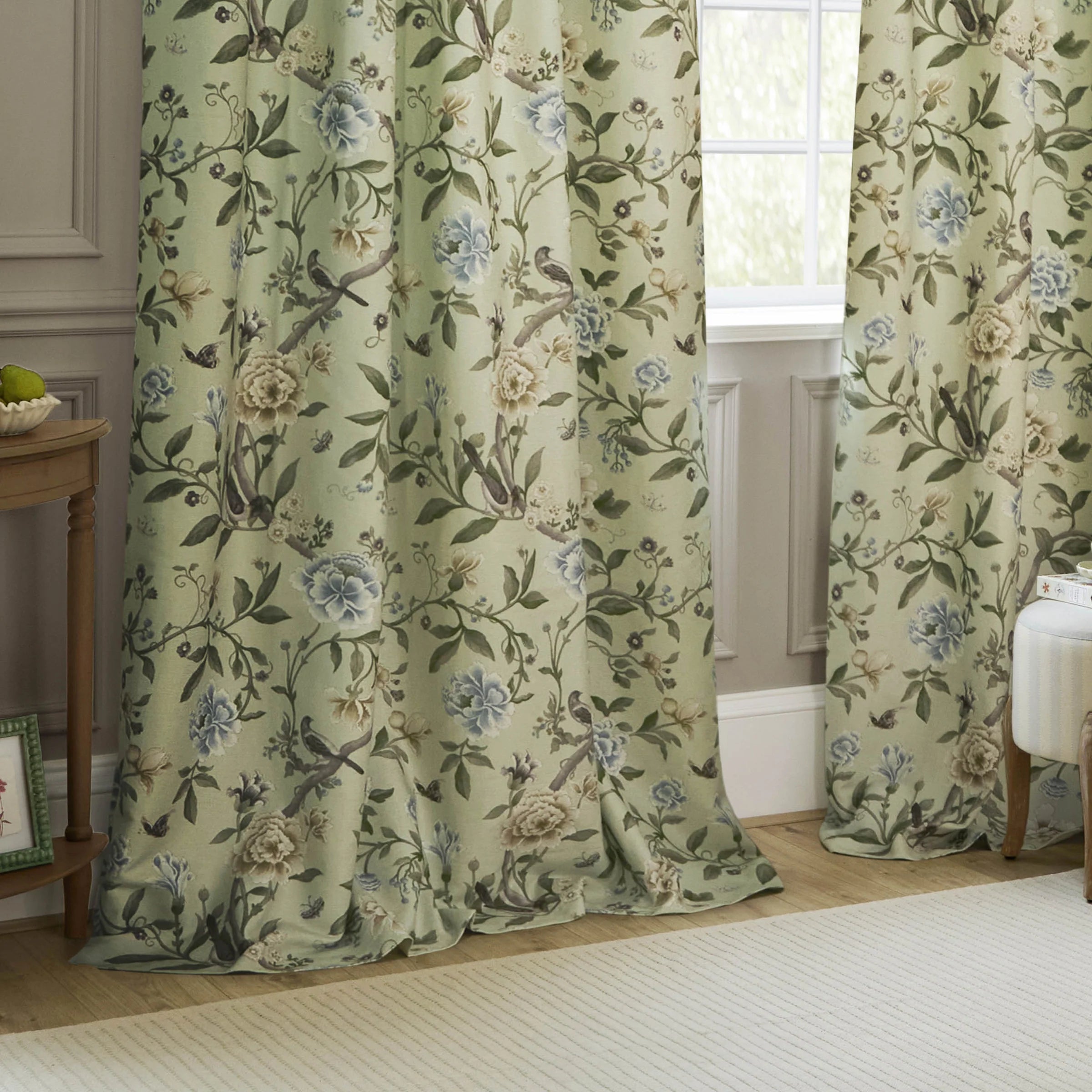 Porcelain Garden Printed Chenille Pencil Pleat Curtains - Sage