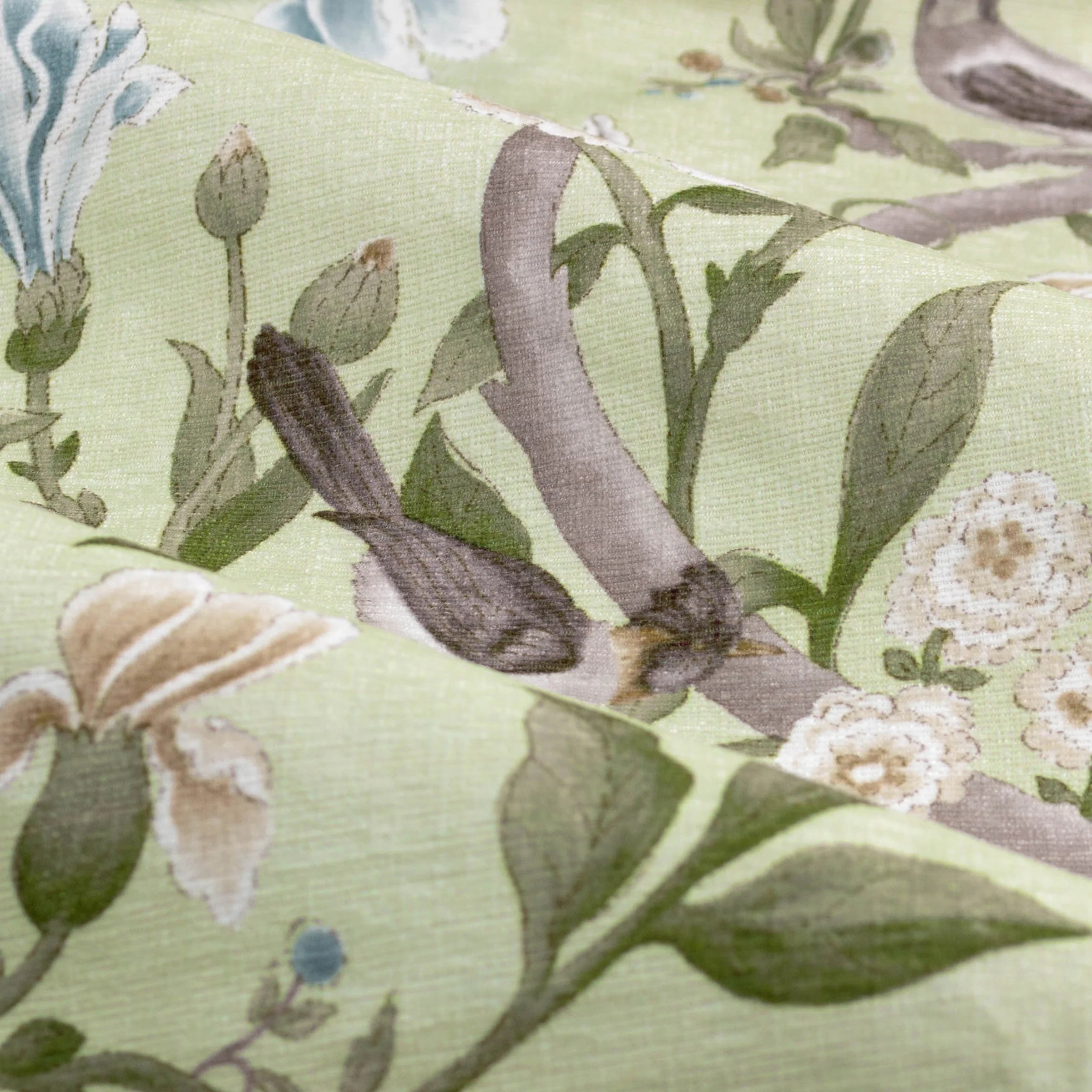 Porcelain Garden Printed Chenille Pencil Pleat Curtains - Sage