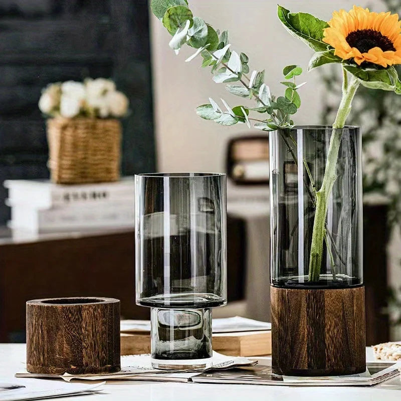 Nordic Smokey Grey Glass Vase With Wooden Stand