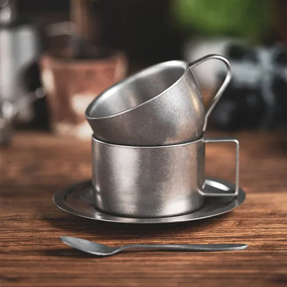 Stainless Steel Coffee Cup With Matching Saucer & Spoon