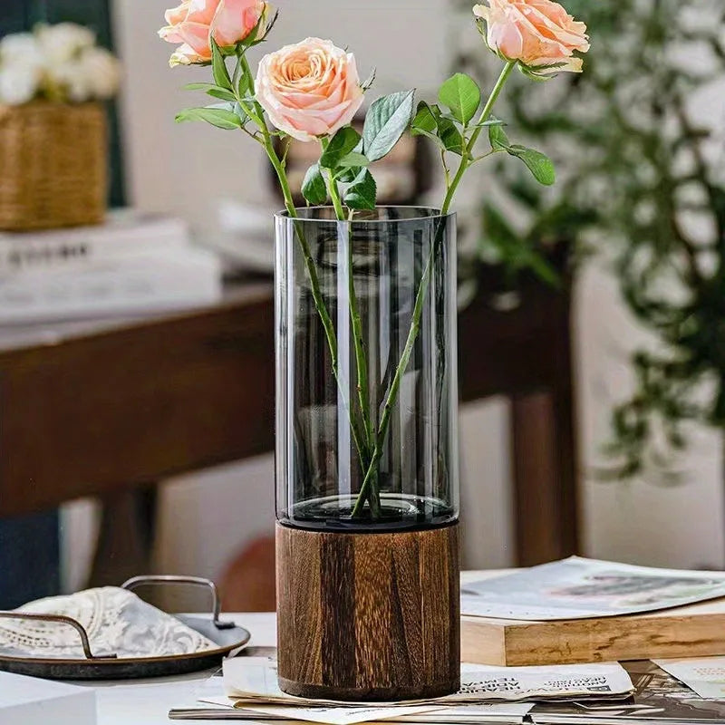 Nordic Smokey Grey Glass Vase With Wooden Stand