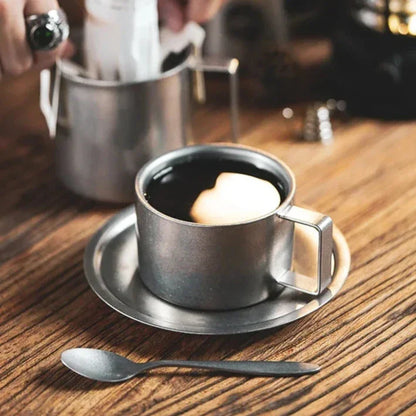 Stainless Steel Coffee Cup With Matching Saucer & Spoon