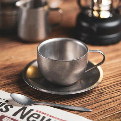 Stainless Steel Coffee Cup With Matching Saucer & Spoon