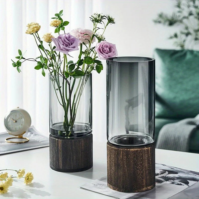 Nordic Smokey Grey Glass Vase With Wooden Stand