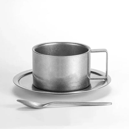 Stainless Steel Coffee Cup With Matching Saucer & Spoon