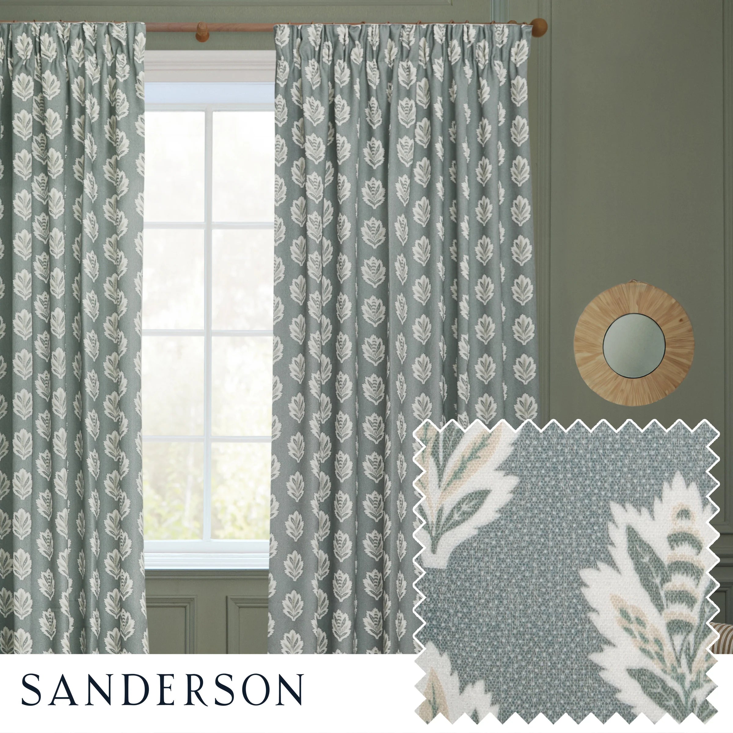 Sessile Leaf Motif Pencil Pleat Curtains - Delph Blue