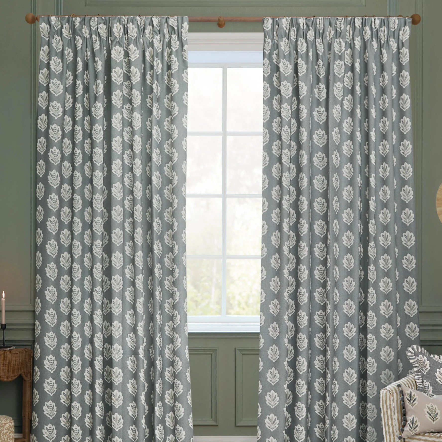 Sessile Leaf Motif Pencil Pleat Curtains - Delph Blue