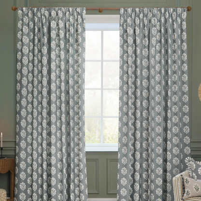 Sessile Leaf Motif Pencil Pleat Curtains - Delph Blue