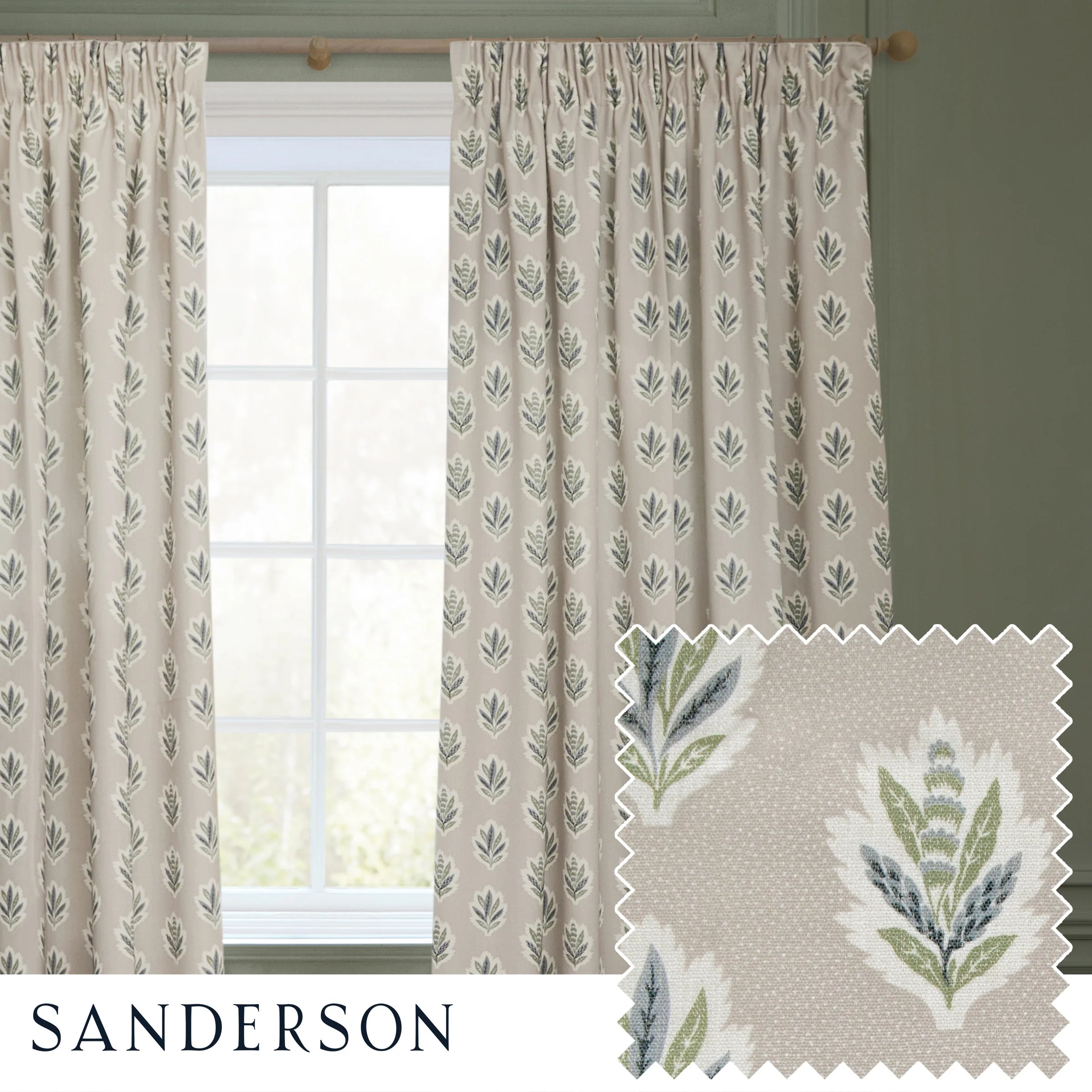 Sessile Leaf Motif Pencil Pleat Curtains - Flax