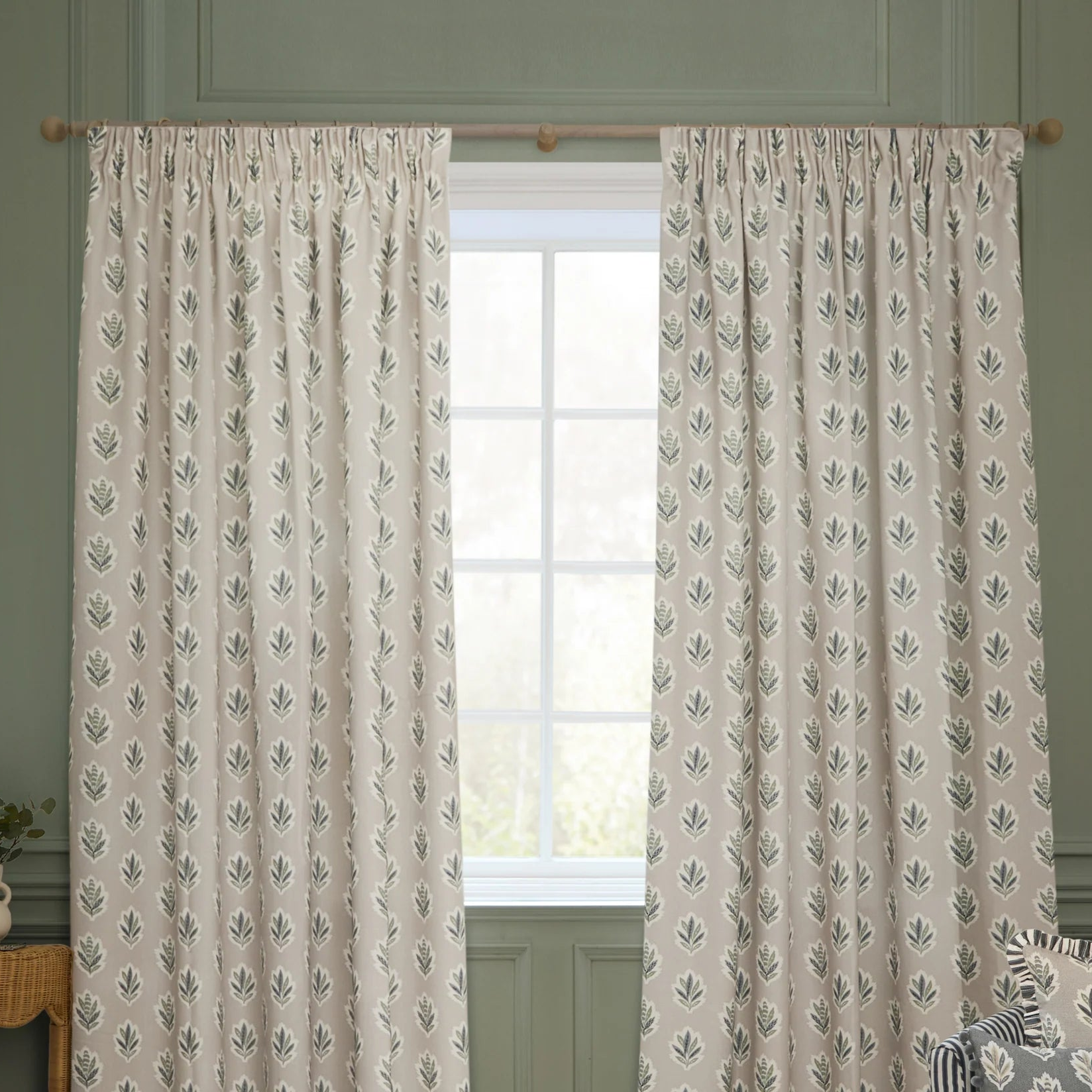 Sessile Leaf Motif Pencil Pleat Curtains - Flax