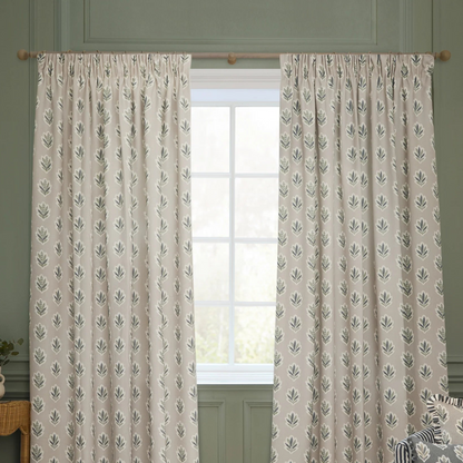 Sessile Leaf Motif Pencil Pleat Curtains - Flax
