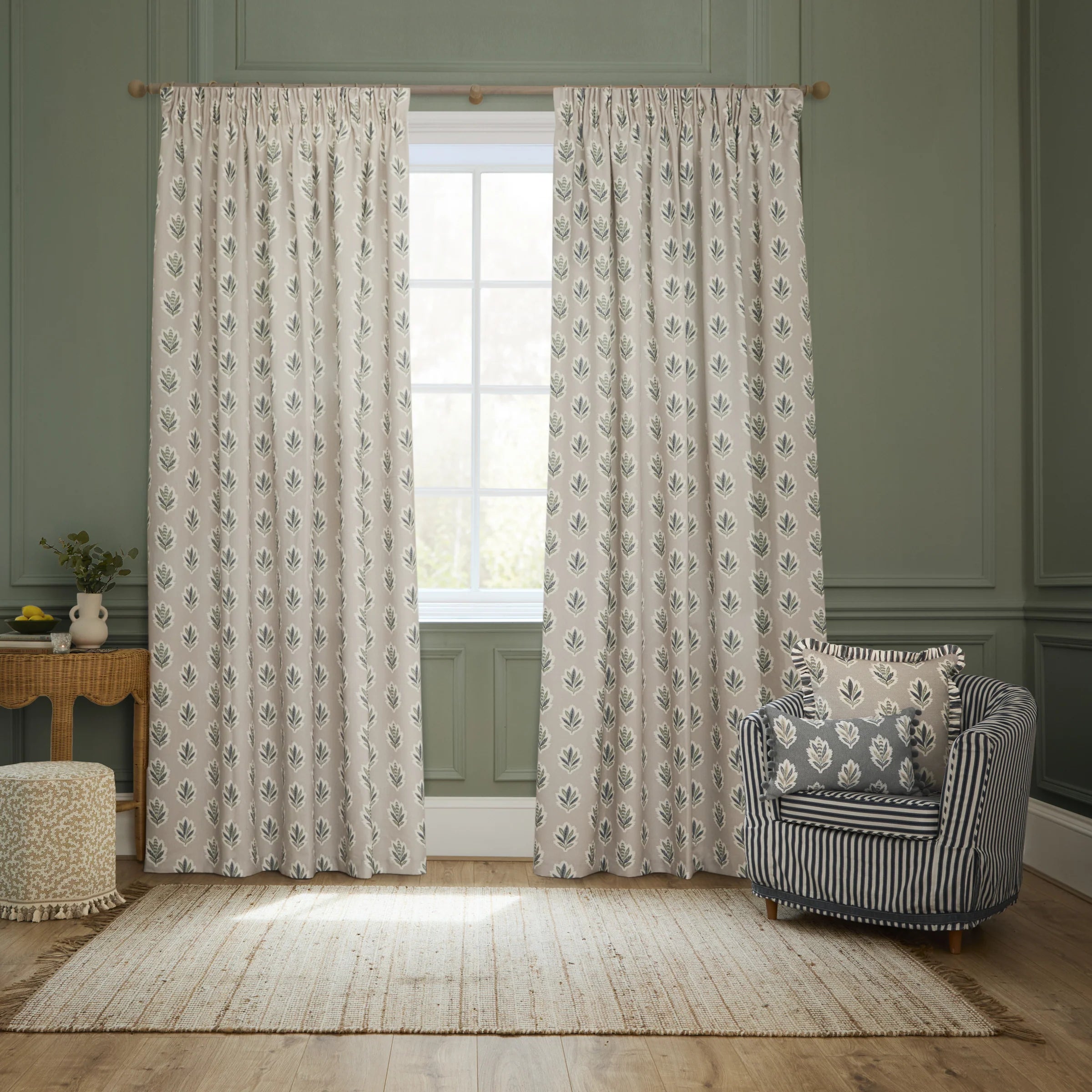 Sessile Leaf Motif Pencil Pleat Curtains - Flax