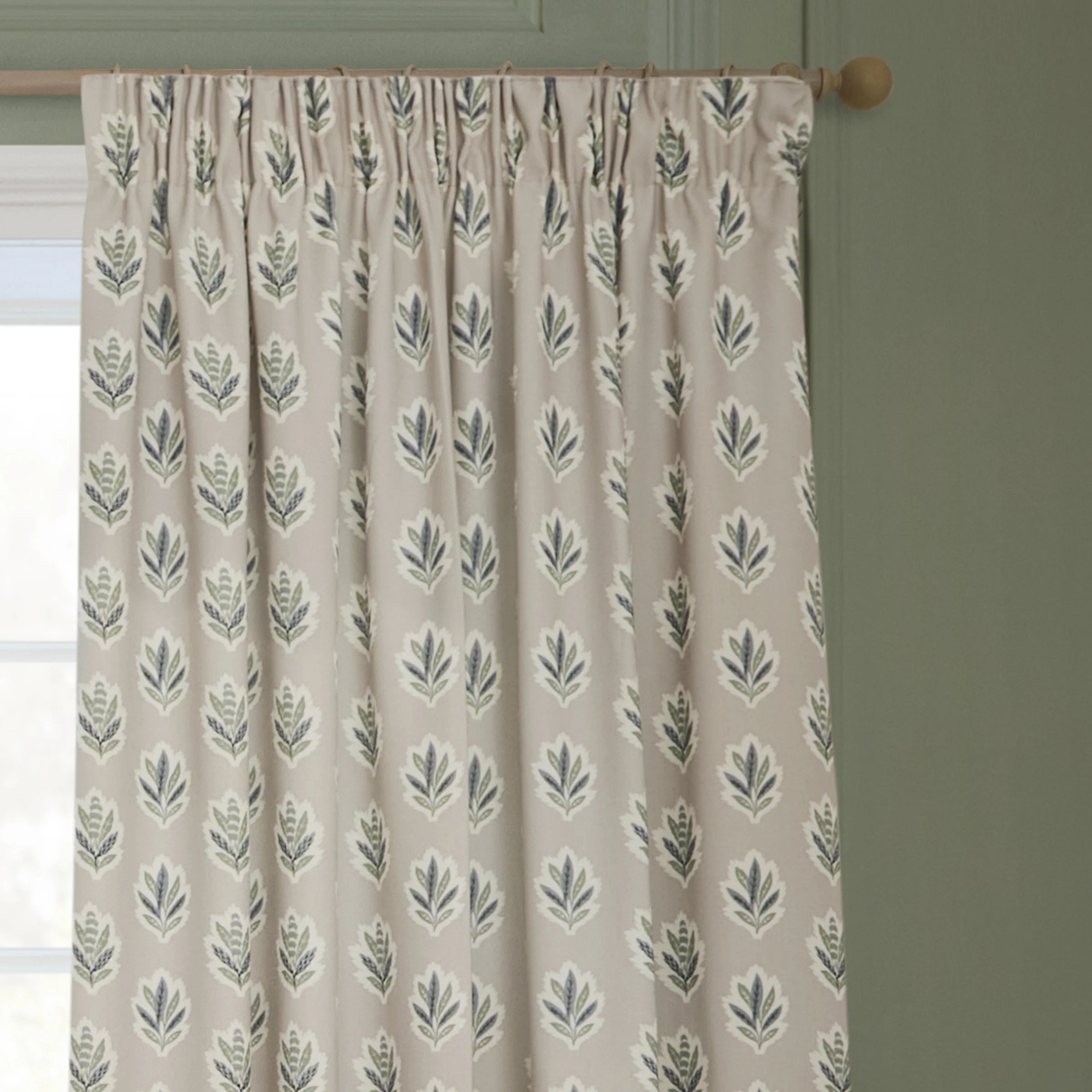 Sessile Leaf Motif Pencil Pleat Curtains - Flax