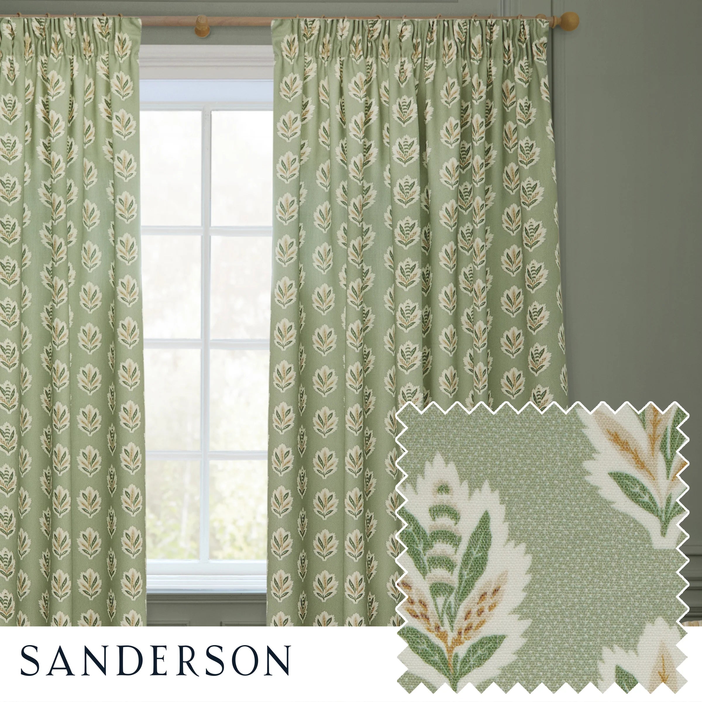 Sessile Leaf Motif Pencil Pleat Curtains - Sage