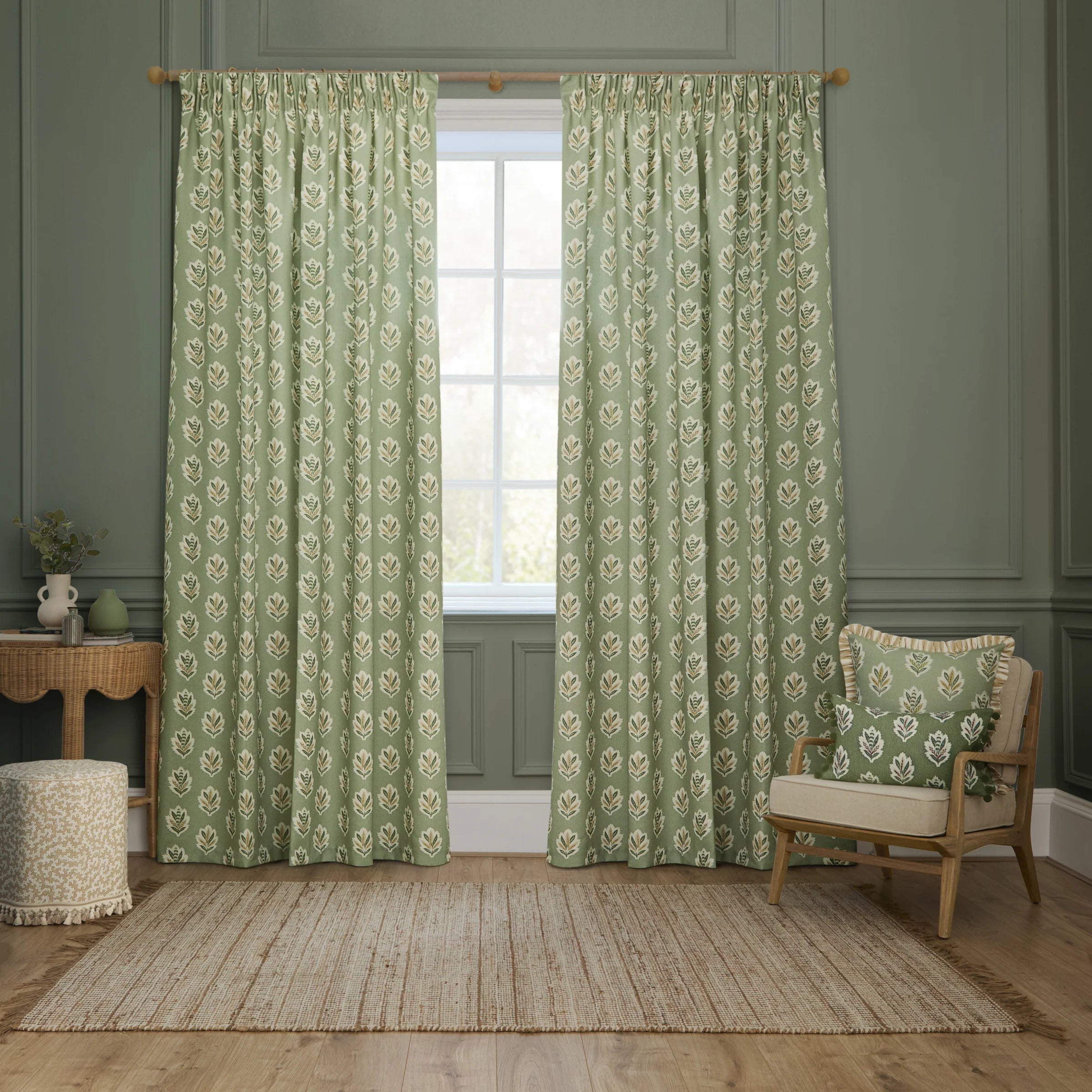 Sessile Leaf Motif Pencil Pleat Curtains - Sage