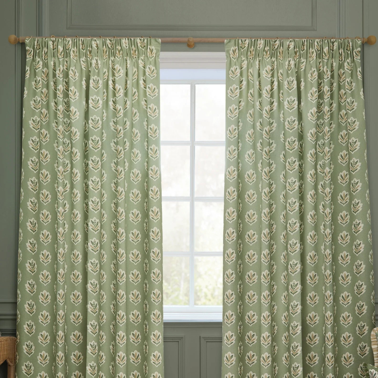 Sessile Leaf Motif Pencil Pleat Curtains - Sage