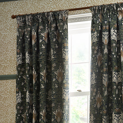 Snakeshead Jacquard Chenille Pencil Pleat Curtains - Indigo/Leaf
