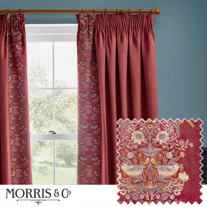 Strawberry Thief Embroidered Floral Velvet Pencil Pleat Curtains - Berry