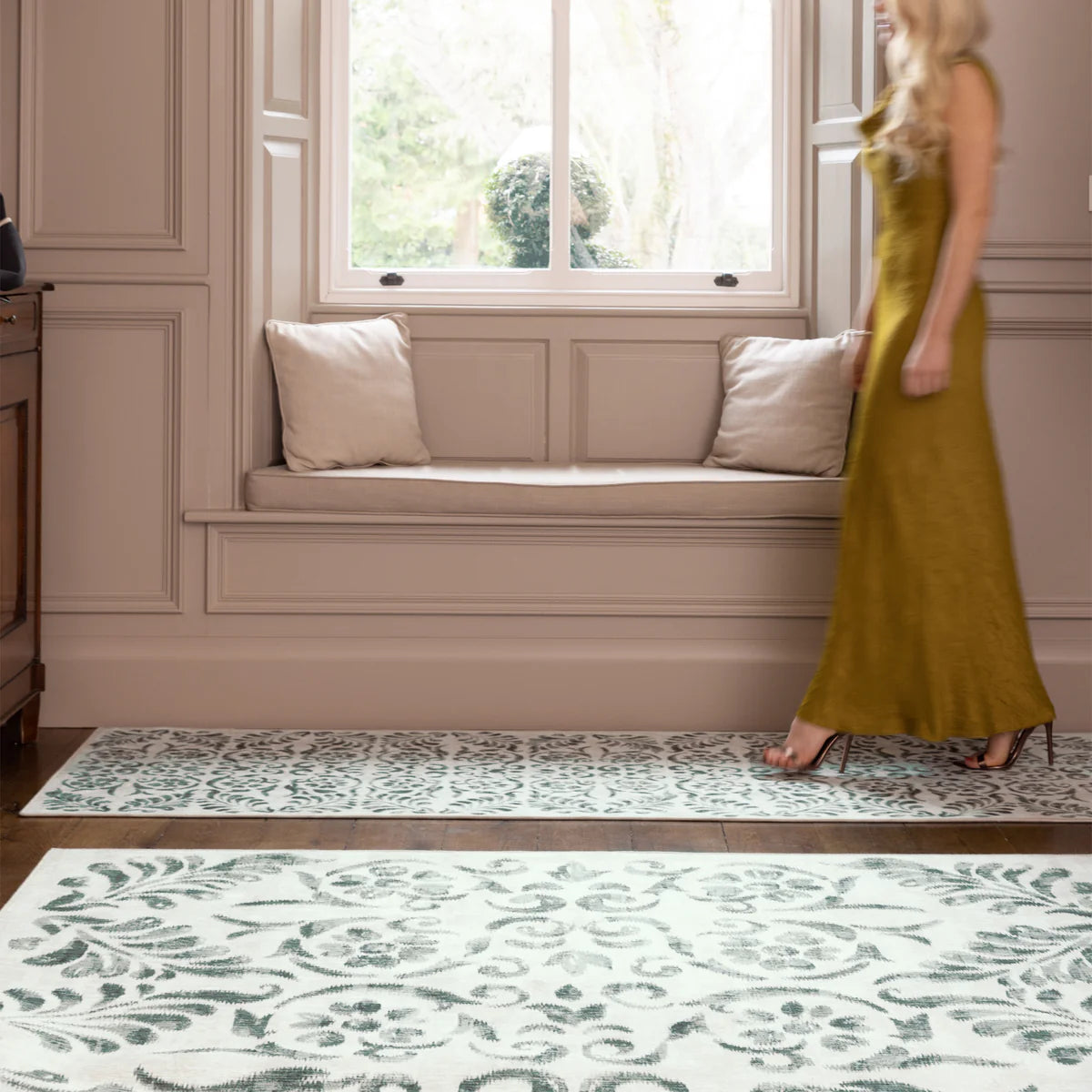 Eco-Washable Rug - Vintage Scroll Green