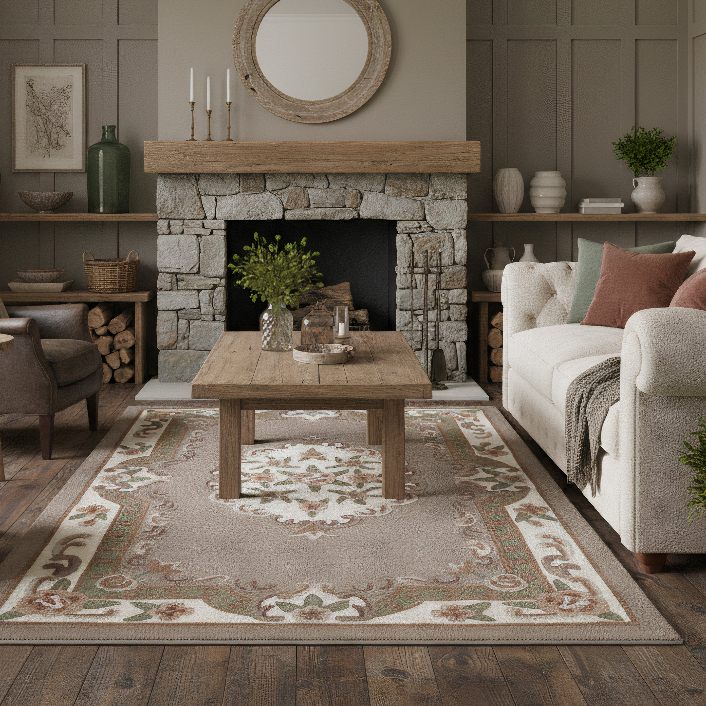 Vintage Motif - Beige Cushioned Wool Rug