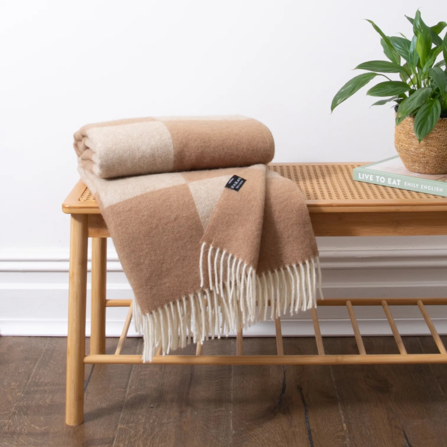 Beige Checkerboard Fine Wool Blanket