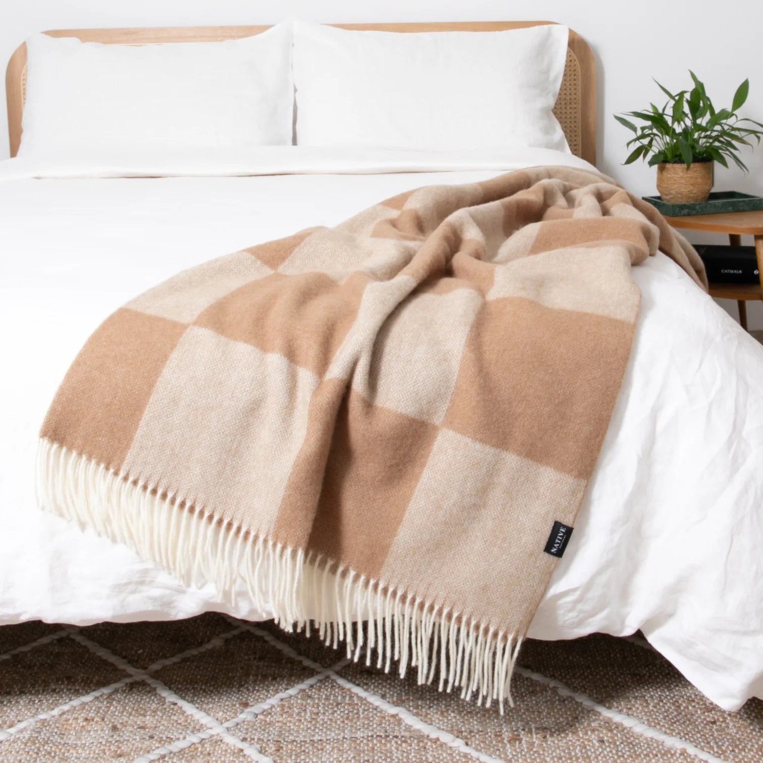 Beige Checkerboard Fine Wool Blanket