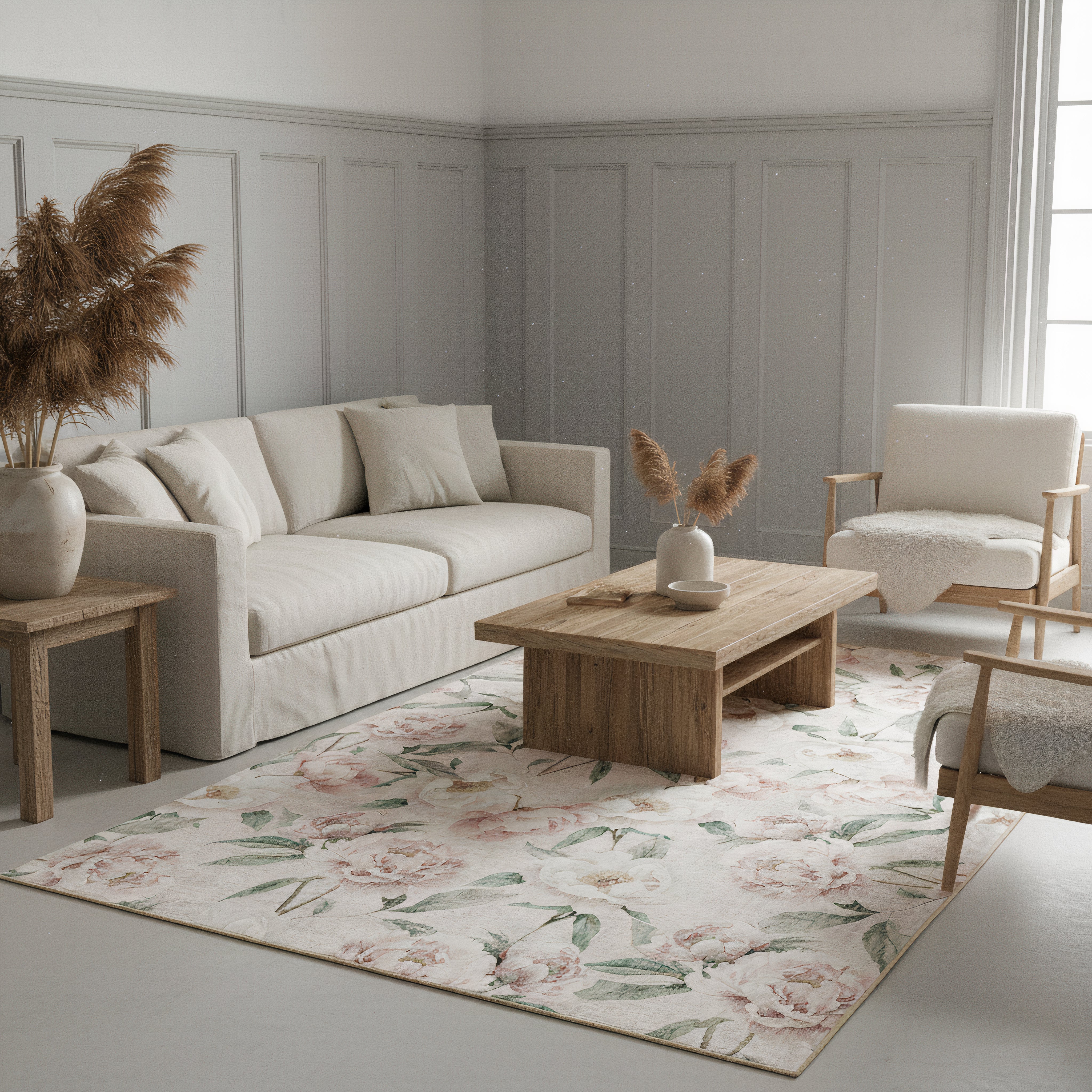 Eco-Washable Rug - Blooming Peonies Oyster Pink