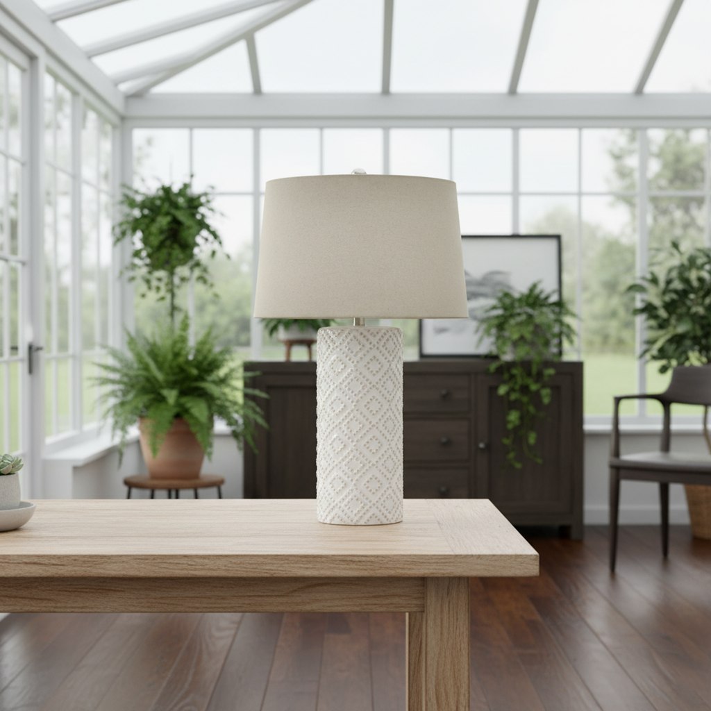 White Beaded Ceramic Lamp With Linen Lampshade