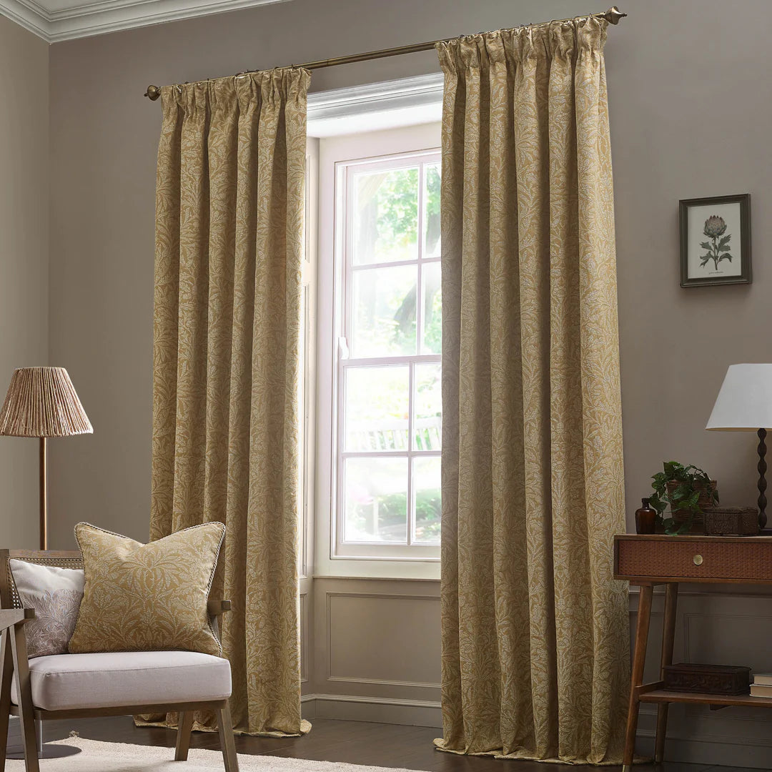 Acorn Tonal Matt Jacquard Pencil Pleat Curtains - Gold