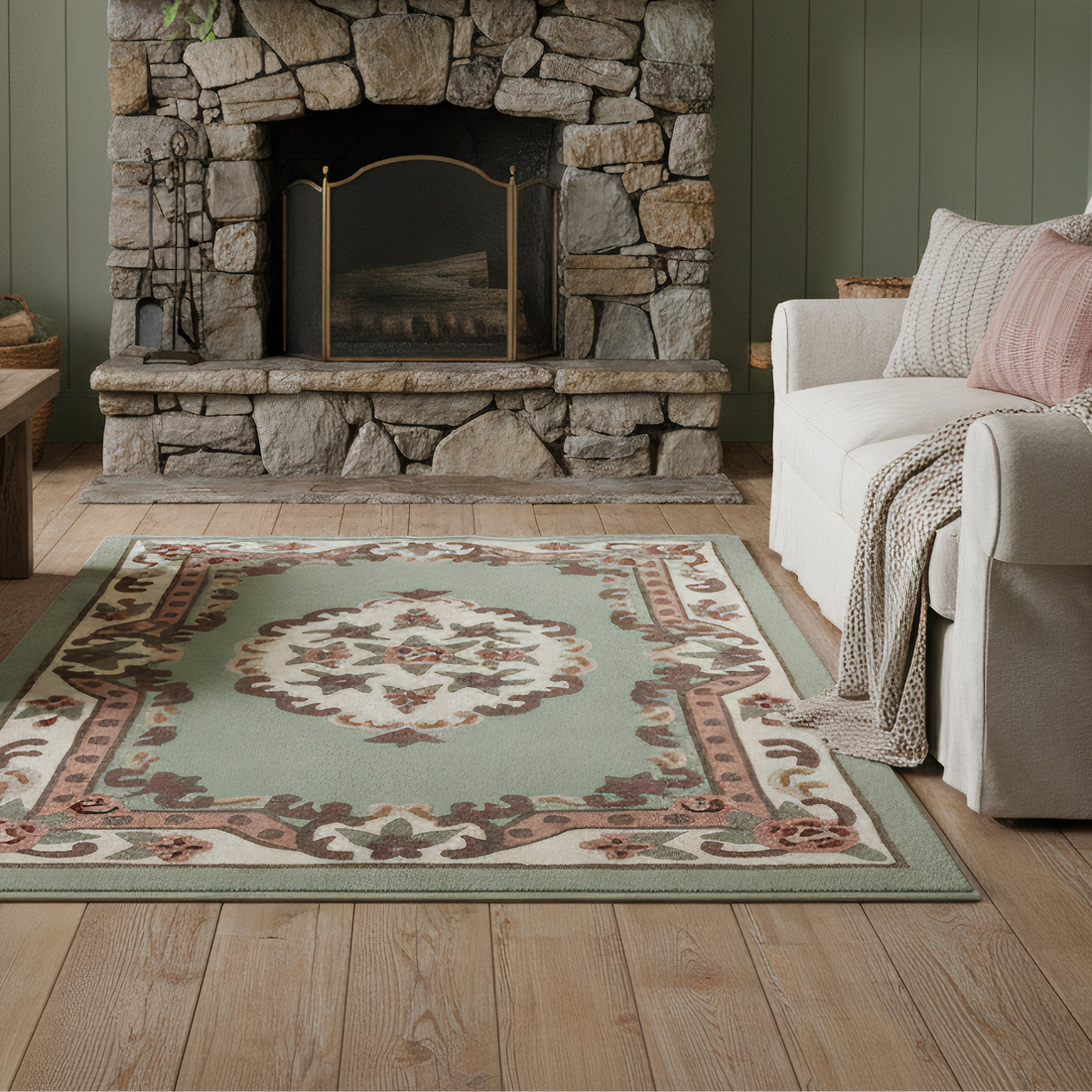 Vintage Motif - Green Cushioned Wool Rug