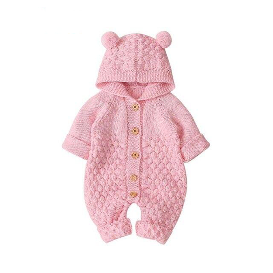 {CLEARANCE SALE} Knitted Baby Romper With Hood - Pink 6-12m