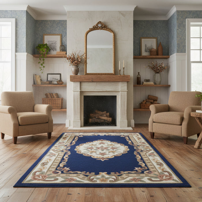 Vintage Motif - Navy Blue Cushioned Wool Rug