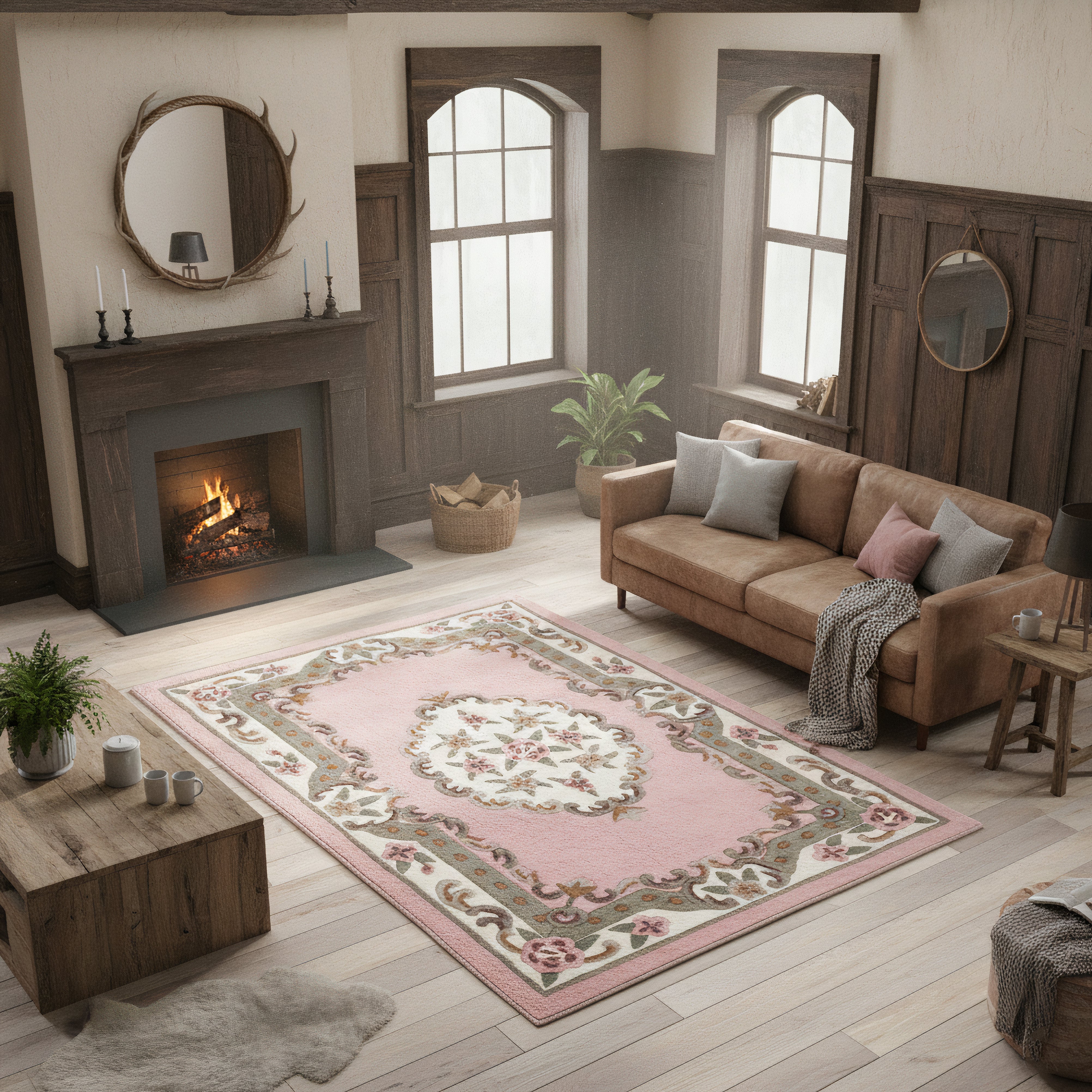 Motivo vintage - Tappeto in lana beige imbottito