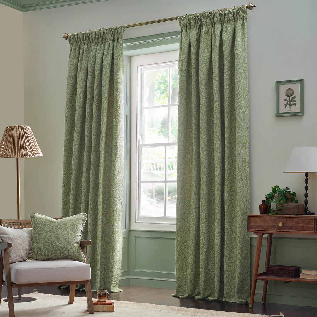 Acorn Tonal Matt Jacquard Pencil Pleat Curtains - Sage